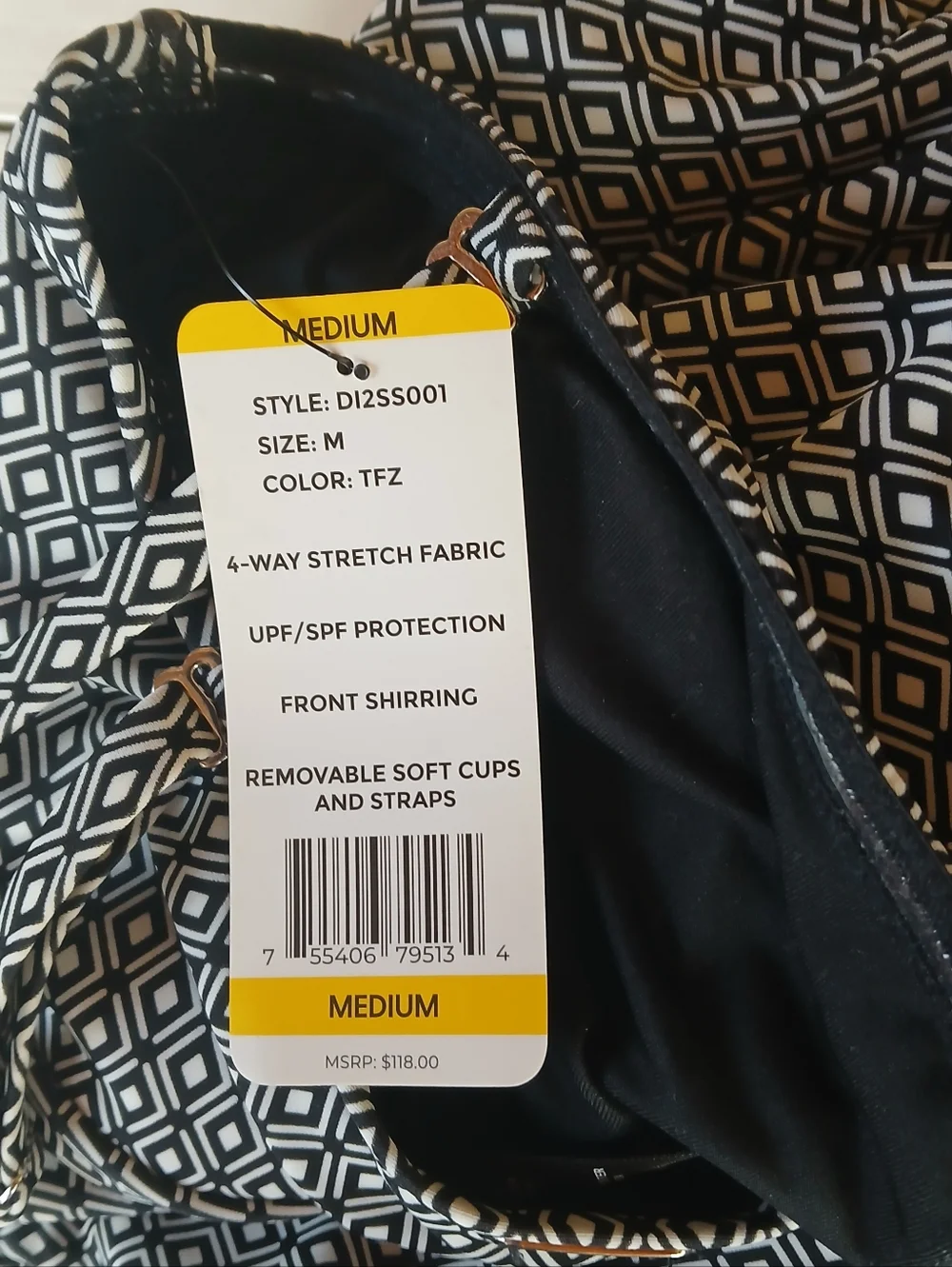 DKNY Black & White Diamond Print Swimsuir Medium - Picture 9 of 9